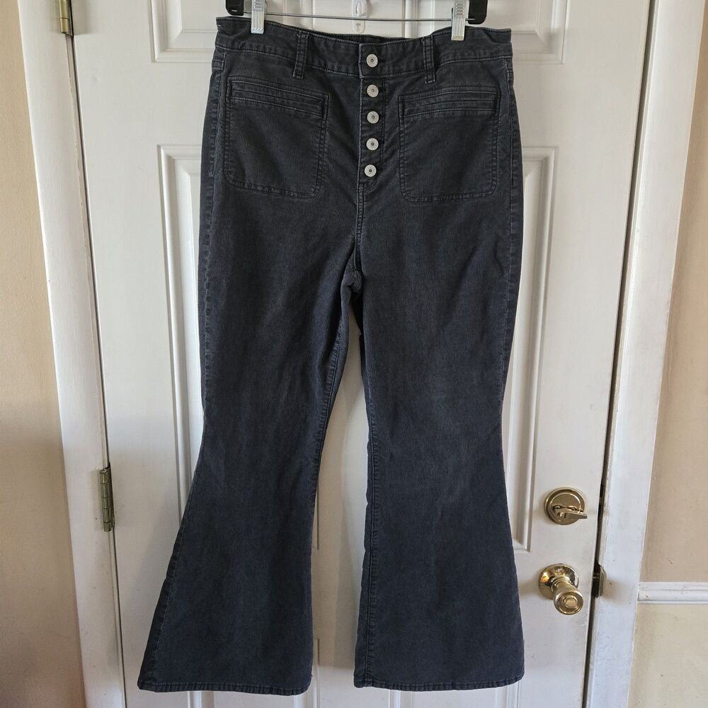 American Eagle Corduroy Flare Pants Gray Stretch Button Fly Women’s 14 Short Y2K